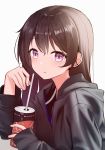  1girl absurdres bangs black_sweater blush brown_hair can closed_mouth commentary_request drinking_straw eyebrows_visible_through_hair highres holding holding_can long_hair long_sleeves looking_at_viewer nagisa_(cxcx5235) original purple_eyes simple_background sleeves_past_wrists soda_can solo sweater upper_body white_background 