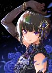  1girl aisu_reizou arm_over_head arm_up armpits bangs black_gloves black_hair blue_flower blue_rose blunt_bangs blush bob_cut bracelet closed_mouth commentary_request elbow_gloves flower gem gloves hair_ornament hair_ribbon idolmaster idolmaster_cinderella_girls jewelry looking_at_viewer looking_to_the_side petals purple_eyes ribbon rose rose_petals shirayuki_chiyo short_hair solo sparkle 