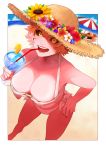  1girl alternate_costume ashido_mina bangs bare_shoulders beach bikini black_sclera blonde_hair boku_no_hero_academia border breasts cleavage collarbone commentary_request drinking_straw feet_out_of_frame flower hand_on_hip hat hat_flower highres horns kaminari_denki large_breasts leaning_forward looking_at_viewer mineta_minoru nail_polish navel ocean open_mouth outdoors outside_border pink_hair pink_nails pink_skin short_hair smile solo_focus souka0428 stomach straw_hat sun_hat sunflower swimsuit tropical_drink umbrella upper_teeth white_border yellow_eyes 
