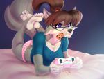  anthro barefoot canid canine canis chloe_(zp92) cookie eyewear female food foot_focus gaming glasses mammal playing_videogame puffypinkpaws soles solo wolf 