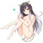  1girl animal_ear_fluff animal_ears bangs barefoot black_hair breasts brown_eyes closed_mouth collarbone commentary_request eyebrows_visible_through_hair full_body grey_hair hair_between_eyes heart interlocked_fingers knees_up kutata long_hair medium_breasts multicolored_hair nude princess_connect! princess_connect!_re:dive shiori_(princess_connect!) simple_background smile solo striped_tail tail tail_censor tiger_ears tiger_girl tiger_tail two-tone_hair very_long_hair white_background 