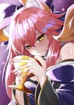  1girl absurdres animal_ear_fluff animal_ears bare_shoulders blue_kimono blue_ribbon blush chalice detached_sleeves diudada fate/extella fate/extra fate/grand_order fate_(series) fox_ears fox_girl fox_tail grail hair_ribbon highres holy_grail_(fate) japanese_clothes kimono looking_at_viewer nail_polish pink_hair ribbon solo tail tamamo_(fate)_(all) tamamo_no_mae_(fate) yellow_eyes 