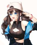  1girl :d animal_ears animal_hat backwards_hat bangs bare_shoulders baseball_cap black_hair black_jacket black_shirt black_skirt blue_eyes blush breasts cleavage cleavage_cutout commentary crop_top ear_piercing earrings english_commentary eyebrows_visible_through_hair facial_mark fake_animal_ears fang hair_between_eyes hand_up hat highres jacket jewelry long_sleeves looking_at_viewer medium_breasts midriff navel off_shoulder open_clothes open_jacket open_mouth original piercing pleated_skirt ribbed_shirt sarablanche shirt simple_background skirt sleeveless sleeveless_shirt smile solo star_(symbol) turtleneck twintails twitter_username white_background white_headwear 