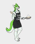  4:5 absurd_res anthro apron black_claws black_nose canid canine claws clothed clothing cooking cookware cutlery digital_media_(artwork) fidget_the_fox fox frying_pan fur green_body green_eyes green_fur hair hi_res kitchen_utensils licking licking_lips looking_at_viewer male mammal pan pink_tongue sharkie_artist simple_background smile solo spoon tongue tongue_out tools white_body white_fur yiff_the_cook 