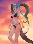  +_+ 1girl :d artist_name bangs bikini blue_bikini blue_hair blue_nails braid breasts cleavage crossed_bangs curled_horns dated double_bun dragon_girl dragon_horns dragon_tail duokhay english_commentary fangs fate/grand_order fate_(series) fingernails hair_between_eyes highres horns large_breasts long_braid long_hair long_horns nail_polish navel open_mouth pink_eyes pointy_ears sharp_fingernails smile solo stomach_tattoo swimsuit tail tattoo tiamat_(fate/grand_order) twin_braids very_long_hair 