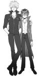  2boys artist_request black_hair black_jacket closed_eyes cross cross_necklace darren_shan jacket jewelry long_coat male_focus monochrome multiple_boys necklace short_hair shorts smile steve_leonard the_saga_of_darren_shan white_hair 