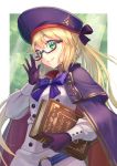  1girl adjusting_eyewear artoria_pendragon_(all) artoria_pendragon_(caster) bangs belt bespectacled blonde_hair blue_belt book bow bowtie cape closed_mouth commentary_request dated double-breasted eyebrows_visible_through_hair fate/grand_order fate_(series) glasses gloves green_eyes hair_between_eyes highres holding holding_book jacket light_rays long_hair long_sleeves looking_at_viewer multicolored multicolored_cape multicolored_clothes o-ring o-ring_belt purple-framed_eyewear purple_bow purple_cape purple_gloves purple_headwear purple_neckwear red_cape semi-rimless_eyewear sidelocks signature smile solo standing twintails white_jacket yudoufu_(unify) 