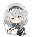 1girl ;d armor bangs blush braid breastplate breasts chest_harness chibi cleavage eyebrows_visible_through_hair green_eyes hair_between_eyes hairband harness highres hololive large_breasts one_eye_closed open_mouth saty_(satezousan) shirogane_noel short_hair shoulder_armor side_braid silver_hair simple_background smile solo spaulders tongue tongue_out upper_body virtual_youtuber white_background 