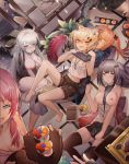  6+girls :d absurdres ahoge animal_ear_fluff animal_ears arknights bangs black_shorts black_skirt blonde_hair blue_eyes blue_poison_(arknights) breasts chinese_commentary commentary_request dutch_angle eunectes_(arknights) female_doctor_(arknights) finger_in_mouth fox_ears gavial_(arknights) grey_eyes greythroat_(arknights) highres huge_filesize indoors jinjide_shaonian large_breasts long_hair miniskirt multiple_girls nipples open_mouth orange_eyes orange_hair out_of_frame pink_hair pleated_skirt short_hair short_shorts shorts silver_hair skirt small_breasts smile thighhighs thighs tomimi_(arknights) vermeil_(arknights) zettai_ryouiki 