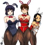  3girls animal_ears arms_behind_back bdsm black_hair blue_haired_girl_(yuya) bondage bound breasts brown_eyes brown_hair bunny_ears bunny_girl bunnysuit cleavage commentary_request elbow_gloves fishnet_legwear fishnets gloves grin hitachi_magic_wand large_breasts long_hair multiple_girls open_mouth original pantyhose ponytail_girl_(yuya) sex_toy short_hair small_breasts smile sweat tanned_girl_(yuya) vibrator white_background white_gloves wrist_cuffs yuya 