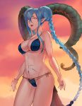  +_+ 1girl :d artist_name bangs bikini blue_bikini blue_hair blue_nails braid breasts cleavage crossed_bangs curled_horns dated double_bun dragon_girl dragon_horns dragon_tail duokhay english_commentary fangs fate/grand_order fate_(series) fingernails hair_between_eyes highres horns large_breasts long_braid long_hair long_horns nail_polish navel open_mouth pink_eyes pointy_ears sharp_fingernails smile solo stomach_tattoo swimsuit tail tattoo tiamat_(fate/grand_order) twin_braids very_long_hair 