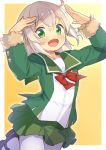  1girl :d arms_up bangs black_footwear blush bow commentary_request eyebrows_visible_through_hair fur-trimmed_sleeves fur_trim green_eyes green_jacket green_sailor_collar green_skirt grey_hair grey_legwear hair_between_eyes jacket jigatei_(omijin) kantai_collection long_sleeves looking_at_viewer open_mouth pantyhose pleated_skirt red_bow sailor_collar school_uniform serafuku shimushu_(kantai_collection) shimushu_pose shirt shoes skirt smile solo white_shirt 