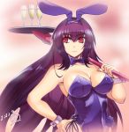  1girl animal_ears artist_name bow bowtie breasts bunny_ears bunny_girl bunnysuit champagne_flute cleavage commentary_request cup dated drinking_glass eyebrows_visible_through_hair fake_animal_ears fate/grand_order fate_(series) flower hair_between_eyes hairband hand_on_hip hisahiko large_breasts long_hair looking_at_viewer over_shoulder polearm purple_bow purple_hair red_eyes rose scathach_(fate)_(all) scathach_(fate/grand_order) solo spear tray upper_body weapon weapon_over_shoulder wrist_cuffs 