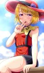  1girl aki_minoriko blonde_hair commentary food food_themed_hair_ornament fruit fusu_(a95101221) grape_hair_ornament grapes hair_ornament hat hat_ribbon highres looking_at_viewer open_mouth peace_symbol red_eyes ribbon short_hair skirt smile solo tongue tongue_out touhou v 