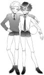  2boys artist_request ball black_hair darren_shan holding holding_ball male_focus monochrome multiple_boys necktie school_uniform short_hair shorts smile smirk steve_leonard sweater the_saga_of_darren_shan white_hair 