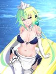  1girl apron bangs bare_shoulders blush bombergirl breasts dogmomiji emera_(bombergirl) eyebrows_visible_through_hair gloves green_eyes green_hair hair_between_eyes hair_ornament highres long_hair looking_at_viewer skirt solo swimsuit thighhighs twintails very_long_hair 