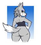  animal_crossing anthro big_butt border bottomless butt canid canine canis clothed clothing corset crossgender dakkpasserida eyeshadow fang_(animal_crossing) female fur genitals gradient_background grey_body grey_fur hand_on_hip inviting lingerie looking_back makeup mammal nintendo portrait pussy rear_view simple_background smile solo three-quarter_portrait tongue tongue_out topwear video_games white_border wolf yellow_sclera 