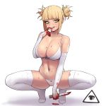  1girl bangs bare_shoulders blonde_hair blood blood_on_face blood_stain bloody_hands bloody_knife blunt_bangs boku_no_hero_academia bra breasts bridal_gauntlets cameltoe cleavage donburikazoku double_bun finger_to_mouth groin hand_up highres holding holding_knife knife large_breasts looking_at_viewer messy_hair navel no_shoes open_mouth panties sidelocks simple_background solo spread_legs squatting thighhighs thighs toga_himiko tongue tongue_out underwear underwear_only white_background white_bra white_legwear white_panties yellow_eyes 