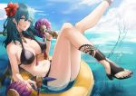 1girl aqua_hair bangs bare_arms bare_legs bare_shoulders bikini black_bikini black_footwear blue_eyes blue_sky breasts byleth_(fire_emblem) byleth_(fire_emblem)_(female) cloud commentary day expulse feet_out_of_frame fire_emblem fire_emblem:_three_houses fire_emblem_heroes flower hair_between_eyes hair_flower hair_ornament hibiscus holding innertube knee_up large_breasts leg_up long_hair looking_at_viewer nail_polish navel parted_lips purple_nails red_flower sandals single_sandal sitting sky solo stomach swimsuit thighs toenail_polish water 