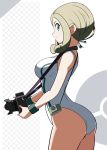  1girl arched_back ass blonde_hair breasts camera checkered commentary_request competition_swimsuit cowboy_shot eyelashes green_eyes green_wristband highres holding holding_camera looking_at_viewer looking_to_the_side one-piece_swimsuit parted_lips pokemon pokemon_(game) pokemon_xy profile sakuraidai sidelocks solo swimsuit viola_(pokemon) wristband 