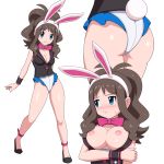  1girl :&lt; animal_ears areolae arm_under_breasts ass bangs black_wristband blush bow breasts breasts_outside brown_footwear brown_hair bunny_ears bunny_tail bunnysuit buttons cleavage closed_mouth commentary_request detached_collar eyebrows_visible_through_hair flats frills hairband highres hilda_(pokemon) knees long_hair looking_at_viewer multiple_views nipples pink_bow pokemon pokemon_(game) pokemon_bw shiny shiny_skin sidelocks smile sweatdrop tail wasabi-joyu white_background white_hairband wristband 