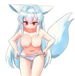  1girl animal_ear_fluff animal_ears blue_hair breasts highres kosobin large_breasts long_hair navel nipples original panties panty_pull pulled_by_self red_eyes simple_background solo striped striped_panties tail thigh_gap topless underwear white_background wolf_ears wolf_tail 