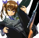  1girl black_legwear blue_eyes blue_neckwear breasts brown_hair brown_haired_girl_(yuya) closed_mouth commentary_request crotch_seam grey_jacket grey_skirt gun gusset hair_ribbon handgun jacket legs legs_up long_hair looking_at_viewer machine_pistol medium_breasts original panties panties_under_pantyhose pantyhose pistol pleated_skirt ribbon rifle school_uniform shirt short_hair short_twintails sitting skirt smile solo spread_legs tongue tongue_out twintails underwear weapon white_shirt yuya 