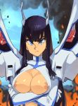  1girl areola_slip areolae armor bangs black_hair blue_eyes breasts center_opening cleavage commentary crossed_arms dark_nipples english_commentary explosion frown horns junketsu kamui_(kill_la_kill) kill_la_kill kiryuuin_satsuki large_breasts long_hair looking_at_viewer nipple_slip nipples no_bra optionaltypo pauldrons revealing_clothes shoulder_armor shrug_(clothing) sidelocks smoke solo thick_eyebrows 