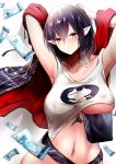  1girl absurdres arknights armpits arms_up bangs bare_shoulders black_hair breasts closure_(arknights) collarbone commentary_request covered_nipples eyebrows_visible_through_hair hair_between_eyes highres kouki_hanada large_breasts long_hair lungmen_dollar money navel pointy_ears red_eyes solo stomach tank_top upper_body white_tank_top 