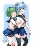  1boy 1girl ansatsu_kyoushitsu blue_eyes blue_hair blush collarbone crossdressing eyebrows_visible_through_hair green_hair hair_tie long_hair open_mouth otoko_no_ko ribbon sailor_senshi_uniform school_uniform shiota_nagisa short_hair short_twintails skirt smile sweat tenten_(kitty) twintails 