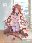  1girl arknights breasts brown_eyes brown_hair character_name cleavage commentary_request electric_socket eyjafjalla_(arknights) full_body highres horns indoors long_guo_ww long_hair looking_at_viewer medium_breasts midriff sheep_horns sitting thighhighs wariza watermark 