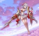  1girl alternate_costume aqua_eyes breasts cleavage covered_navel flower gold_footwear gunlance heart jewelry knees looking_at_viewer necklace official_art outdoors petals shield sky solo valkyrie_connect viola_(valkyrie_connect) white_hair 