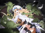  1girl 5boys blonde_hair blue_eyes blush boots defeat dress goblin goblin_slayer! green_skin hand_on_another&#039;s_back hat imminent_rape long_hair long_sleeves monster multiple_boys night nyoro_(nyoronyoro000) open_mouth panties pantyshot peril pointy_ears priestess priestess_(goblin_slayer!) sharp_teeth shirt_pull shorts smile staff tearing_clothes teeth thigh_boots thighhighs tongue tongue_out torn_clothes underwear upskirt 