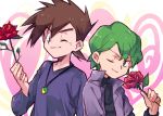  2boys aihara_(ihara113o) brown_hair closed_mouth commentary_request drew_(pokemon) eyebrows_visible_through_hair flower gary_oak green_eyes green_hair hand_up holding holding_flower jacket jewelry long_sleeves looking_at_viewer male_focus multiple_boys necklace one_eye_closed pokemon pokemon_(anime) pokemon_(classic_anime) pokemon_rse_(anime) purple_jacket purple_shirt red_flower red_rose rose shirt smile spiked_hair upper_body 
