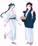  2girls absurdres ahoge antenna_hair bath_yukata brown_hair bucket collarbone full_body green_eyes green_hair hair_ornament hair_ribbon hairclip hanten_(clothes) highres irako_(kantai_collection) japanese_clothes kantai_collection kimono long_hair long_sleeves looking_at_viewer mamiya_(kantai_collection) multiple_girls ojipon open_mouth ponytail red_eyes red_ribbon ribbon sandals simple_background smile towel white_background white_towel wide_sleeves wooden_bucket yukata zouri 