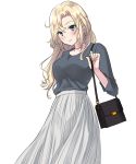  1girl alternate_costume bag black_shirt blonde_hair blue_eyes closed_mouth eyebrows_visible_through_hair hair_between_eyes hornet_(kantai_collection) kantai_collection long_hair long_sleeves pleated_skirt shirt shoulder_bag simple_background skirt solo u0709 white_background white_skirt 