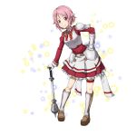  1girl apron boots breastplate brown_footwear closed_mouth frilled_skirt frills full_body gauntlets gloves hair_ornament hairclip hand_on_hilt hand_on_hip highres knee_boots leaning_to_the_side lisbeth long_sleeves looking_at_viewer miniskirt neck_ribbon official_art pink_hair pleated_skirt red_eyes red_ribbon red_shirt red_skirt ribbon shiny shiny_hair shirt short_hair skirt smile solo standing sword_art_online sword_art_online:_code_register thigh_strap transparent_background waist_apron war_hammer weapon white_apron white_gloves 