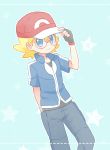  1boy akasaka_(qv92612) ash_ketchum ash_ketchum_(cosplay) bangs baseball_cap black_gloves blonde_hair blue_eyes blue_jacket closed_mouth commentary_request cosplay fingerless_gloves glasses gloves hand_on_headwear hand_up hat jacket looking_at_viewer male_focus pants pokemon pokemon_(anime) pokemon_xy_(anime) popped_collar red_headwear short_sleeves smile solo 