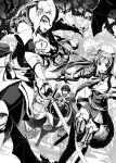 1boy 2girls animal_ears armor bangs bat boots breastplate dutch_angle eclair_seaetto fighting firo_(tate_no_yuusha_no_nariagari) floating_hair forest greyscale helmet highres holding holding_shield holding_sword holding_weapon iwatani_naofumi long_hair looking_at_viewer minami_seira miniskirt monochrome multiple_girls nature novel_illustration official_art open_mouth pants raccoon_ears raccoon_girl raccoon_tail raphtalia shield shiny shiny_hair shoulder_armor skirt spaulders sword tail tate_no_yuusha_no_nariagari thigh_boots thighhighs very_long_hair weapon 