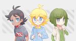  3boys ahoge akasaka_(qv92612) antenna_hair bangs black_hair blonde_hair blue_eyes blue_jumpsuit character_request clemont_(pokemon) closed_mouth commentary_request eyebrows_visible_through_hair glasses goh_(pokemon) green_hair grey_eyes hand_on_own_chin long_sleeves male_focus multiple_boys pokemon pokemon_(anime) pokemon_swsh_(anime) pokemon_xy_(anime) short_sleeves 