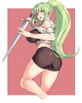  ass bike_shorts borrowed_character breasts depo_(typebaby505) eyebrows_visible_through_hair green_hair highres holding holding_sword holding_weapon huge_breasts long_hair long_ponytail looking_back open_mouth original ponytail solo sword tied_hair weapon yellow_eyes 