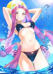  1girl armpits arms_behind_head arms_up ball bangs bare_shoulders beachball bikini black_bikini blue_sky blush braid braided_ponytail breasts cleavage collarbone doushimasho fate/stay_night fate_(series) forehead highres large_breasts long_hair looking_at_viewer navel ocean parted_bangs purple_eyes purple_hair rider sidelocks single_braid sky smile sunlight swimsuit thighs very_long_hair wading 