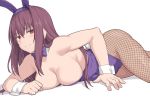  1girl animal_ears bangs blush breasts bunny_ears bunnysuit covered_navel detached_collar fake_animal_ears fate/grand_order fate_(series) fishnet_legwear fishnets hair_between_eyes highleg highleg_leotard large_breasts leotard long_hair looking_at_viewer lying on_stomach pantyhose purple_hair purple_leotard red_eyes scathach_(fate)_(all) scathach_(fate/grand_order) shiseki_hirame simple_background smile thighs white_background wrist_cuffs 