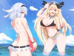  2girls anne_bonny_(fate/grand_order) anne_bonny_(swimsuit_archer)_(fate) arm_scar ass back bare_shoulders beach_volleyball bikini black_bikini black_headwear blue_eyes breasts butt_crack cloud cloudy_sky collar eyebrows_visible_through_hair facial_scar fate/grand_order fate_(series) hat highres in_water large_breasts long_hair mary_read_(fate/grand_order) mary_read_(swimsuit_archer)_(fate) multiple_girls one_eye_closed outdoors pirate pirate_hat red_eyes scar shiwabuki_(guillotine_devil) short_hair short_shorts shorts silver_hair skull_and_crossbones sky swimsuit very_long_hair wet white_bikini white_swimsuit 