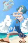  1girl aqua_hair blue_eyes blue_hair blue_pants cloud commentary_request fishing_rod gen_7_pokemon hairband highres holding holding_fishing_rod lana_(pokemon) looking_up mareanie open_mouth outdoors pants pokemon pokemon_(game) pokemon_sm sand sandals shirt shore short_hair signature sky sleeveless swimsuit swimsuit_under_clothes tongue trial_captain water yas9_9 