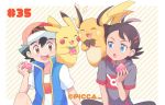  2boys antenna_hair ash_ketchum bangs baseball_cap berry_(pokemon) black_hair blue_eyes brown_eyes commentary_request eye_contact eyelashes fingernails food gen_1_pokemon goh_(pokemon) hand_up hat holding holding_food jacket looking_at_another mei_(maysroom) multiple_boys number on_shoulder open_mouth pikachu pokemon pokemon_(anime) pokemon_(creature) pokemon_on_shoulder pokemon_swsh_(anime) raichu short_sleeves teeth tongue 