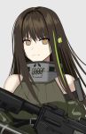  1girl absurdres assault_rifle breasts brown_eyes brown_hair expressionless eyebrows_visible_through_hair girls_frontline gun highres holding holding_weapon jiafei2o3 large_breasts long_hair looking_at_viewer m4_carbine m4a1_(girls_frontline) mask_around_neck multicolored_hair rifle solo sweater weapon 