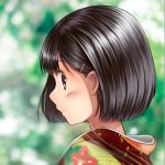  1girl bangs black_hair blurry blush bob_cut brown_eyes depth_of_field face hair_ornament hairclip japanese_clothes kimono original outdoors portrait profile sarekoube shiny shiny_hair short_hair solo yukata 