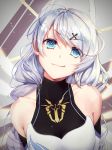  1girl :3 ahoge bangs bare_shoulders blue_eyes braid breasts closed_mouth commentary_request cross_hair_ornament doyagao energy_wings eyebrows_visible_through_hair hair_between_eyes hair_ornament halterneck hei_huo_chong highres honkai_(series) honkai_impact_3rd kiana_kaslana kiana_kaslana_(knight_moonbeam) long_hair looking_at_viewer medium_breasts photoshop_(medium) revision shiny shiny_hair short_jumpsuit silver_hair smile smug solo tsurime twin_braids upper_body very_long_hair 