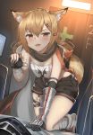  1girl 1other animal_ears arknights breasts brown_eyes cape commentary_request doctor_(arknights) fang_necklace fox_ears fox_girl fox_tail hair_ornament hairclip highres hood hooded_cape indoors oripathy_lesion_(arknights) platinum_blonde_hair prosthesis prosthetic_arm short_hair shorts small_breasts solo solo_focus tail vermeil_(arknights) yuzf 